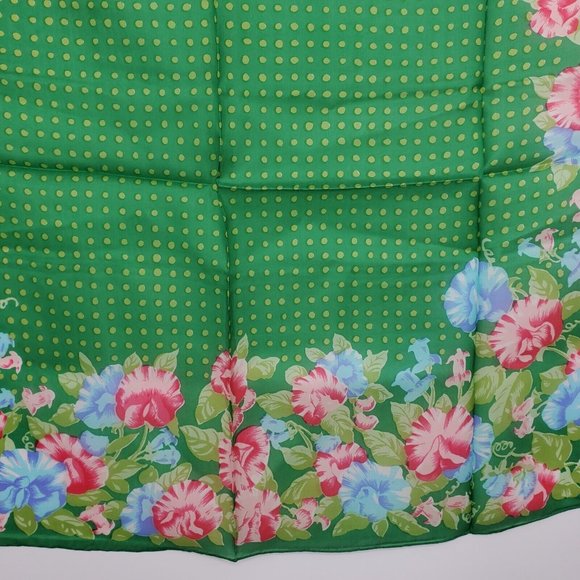Vintage Silk Scarf Square Green Pink Floral Polka Dot 29"  Hand Rolled - Picture 4 of 10